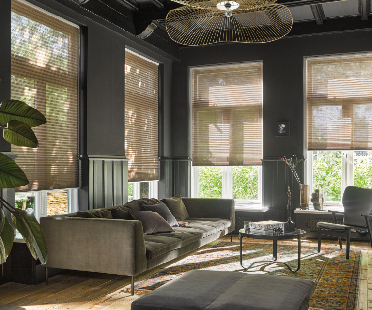 Beige plisségordijnen in de woonkamer