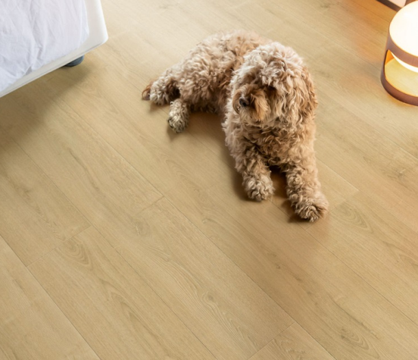 Quick-Step laminaat vloer in lichte houttint in de slaapkamer