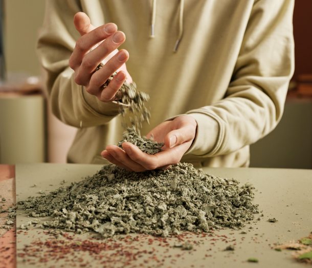 Marmoleum vloer granulaat stukken detail biologisch afbreekbare vloer