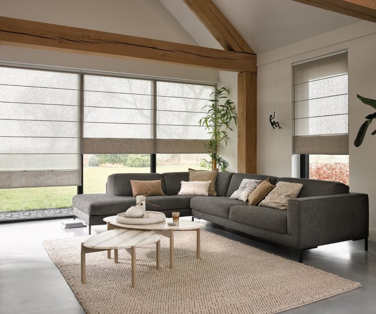 Doorzichtige vouwgordijnen in moderne woonkamer